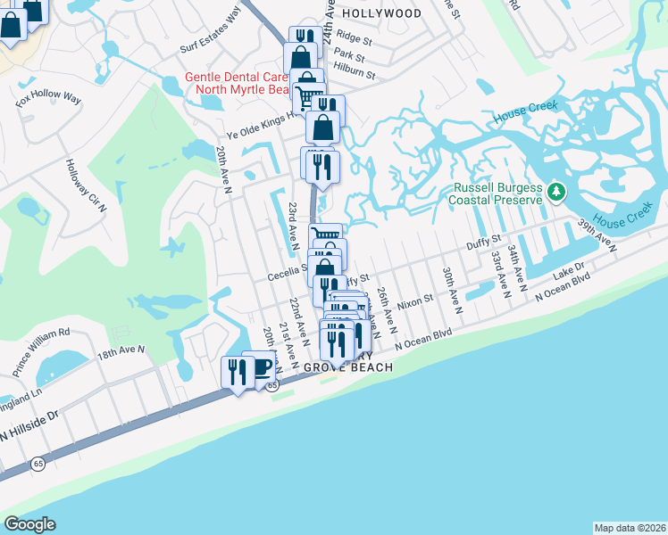 map of restaurants, bars, coffee shops, grocery stores, and more near 2315 Duffy Street in North Myrtle Beach