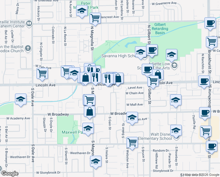map of restaurants, bars, coffee shops, grocery stores, and more near 129 South Gain Street in Anaheim
