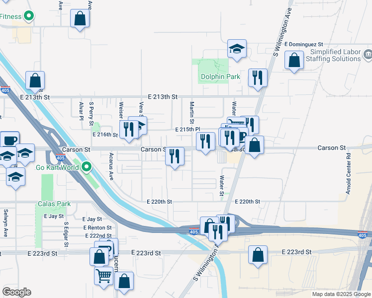 map of restaurants, bars, coffee shops, grocery stores, and more near 1502 East Carson Street in Carson