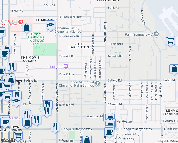 map of restaurants, bars, coffee shops, grocery stores, and more near 573 North Paseo De Anza in Palm Springs