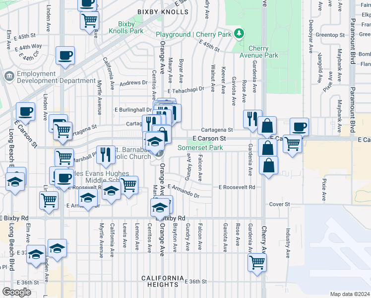map of restaurants, bars, coffee shops, grocery stores, and more near 1360 East Somerset Place in Long Beach