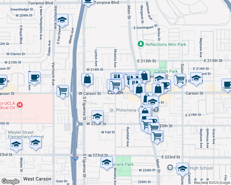 map of restaurants, bars, coffee shops, grocery stores, and more near 19736 Wadley Avenue in Carson