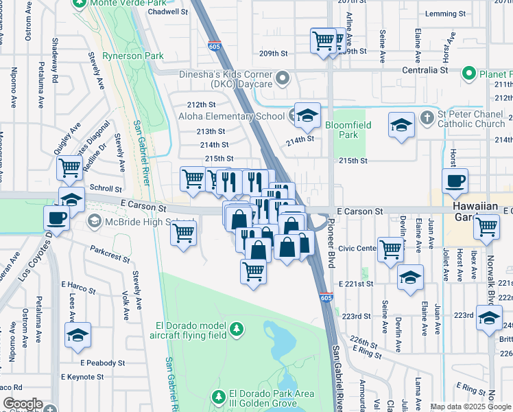 map of restaurants, bars, coffee shops, grocery stores, and more near 7611 East Carson Street in Long Beach