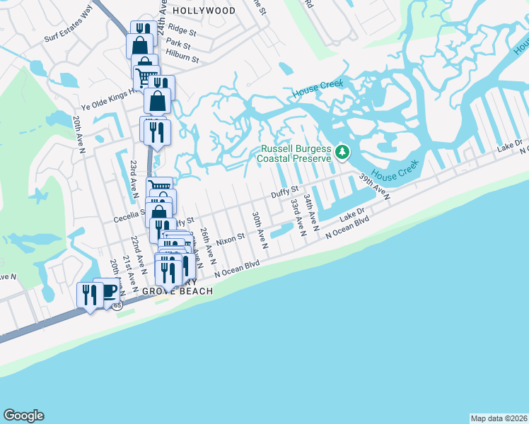 map of restaurants, bars, coffee shops, grocery stores, and more near 3009 Nixon Street in North Myrtle Beach