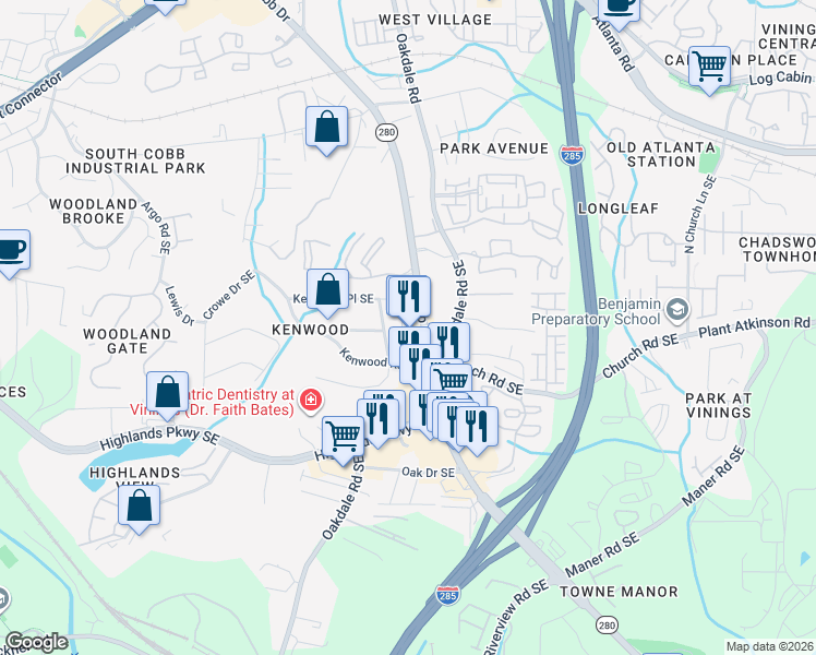 map of restaurants, bars, coffee shops, grocery stores, and more near 4924 South Cobb Drive Southeast in Smyrna