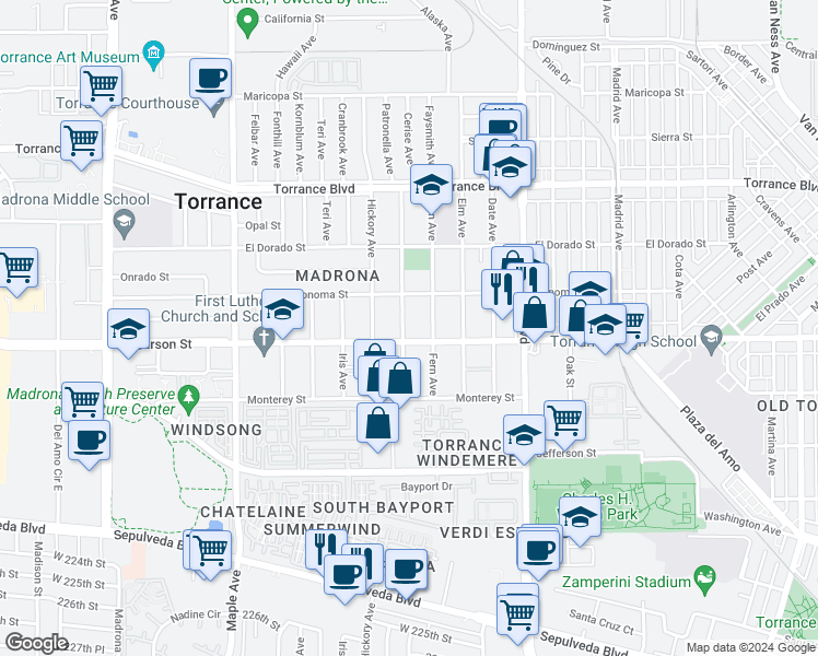 map of restaurants, bars, coffee shops, grocery stores, and more near 1636 Greenwood Avenue in Torrance