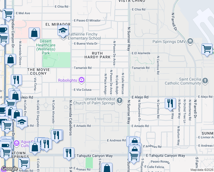 map of restaurants, bars, coffee shops, grocery stores, and more near in Palm Springs
