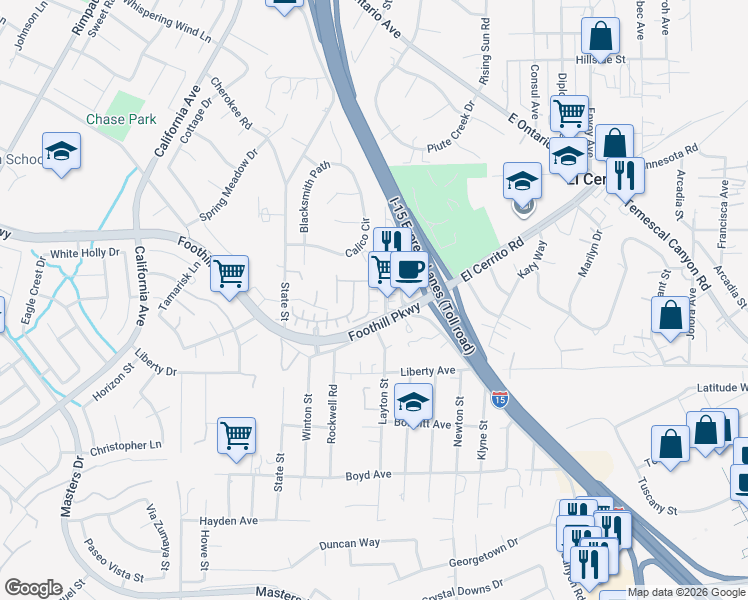 map of restaurants, bars, coffee shops, grocery stores, and more near 2895 Menorca Circle in Corona