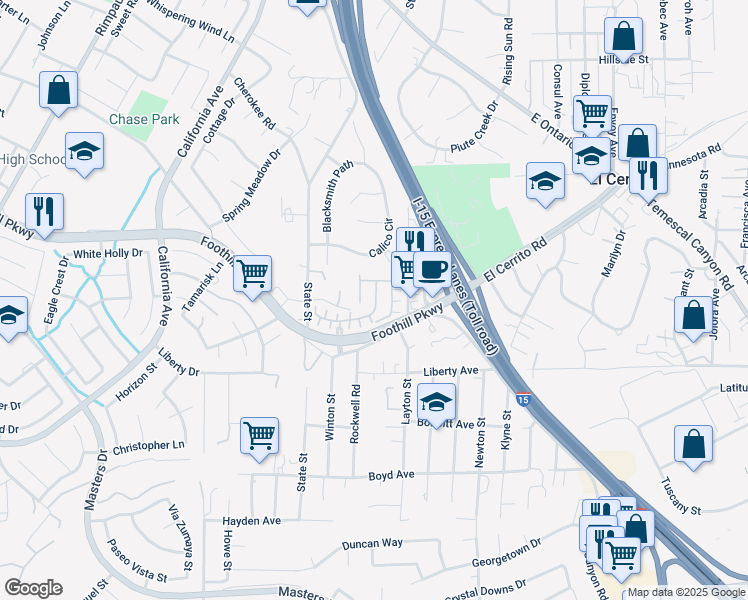 map of restaurants, bars, coffee shops, grocery stores, and more near 2865 Villa Catalonia Court in Corona