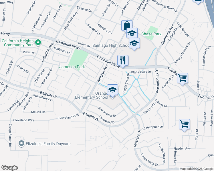map of restaurants, bars, coffee shops, grocery stores, and more near 3532 Lehigh Circle in Corona