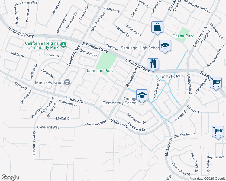 map of restaurants, bars, coffee shops, grocery stores, and more near 3586 Summertree Lane in Corona