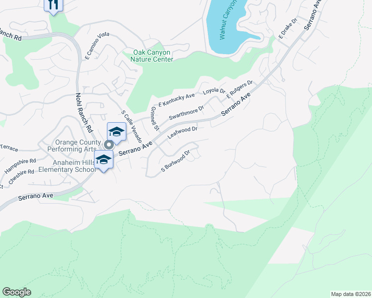 map of restaurants, bars, coffee shops, grocery stores, and more near 1056 South Burlwood Drive in Anaheim