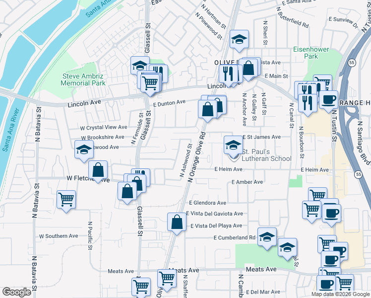 map of restaurants, bars, coffee shops, grocery stores, and more near in Orange