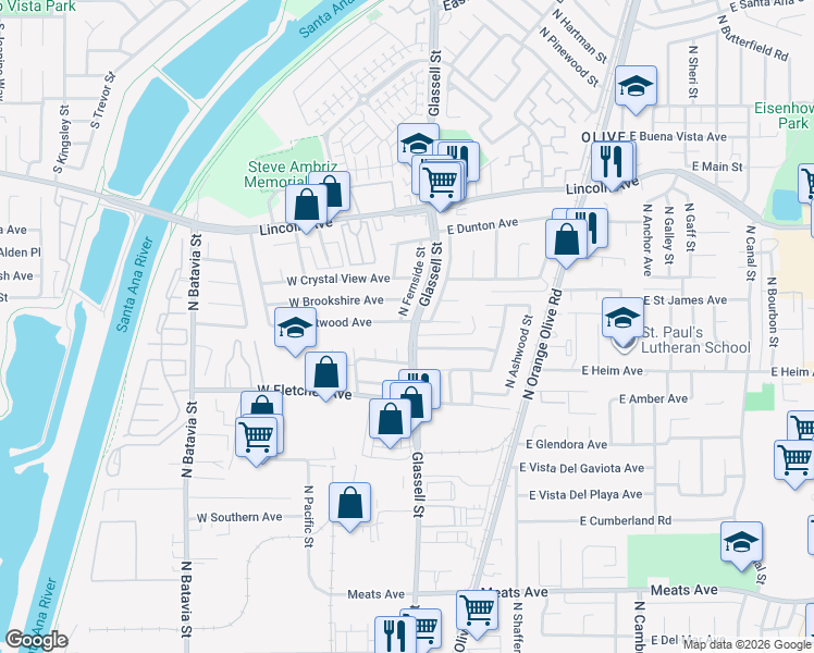 map of restaurants, bars, coffee shops, grocery stores, and more near 2541 Fernside Circle in Orange