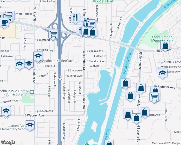 map of restaurants, bars, coffee shops, grocery stores, and more near 806 South Cinda Street in Anaheim