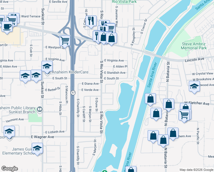 map of restaurants, bars, coffee shops, grocery stores, and more near 805 South Stehley Street in Anaheim