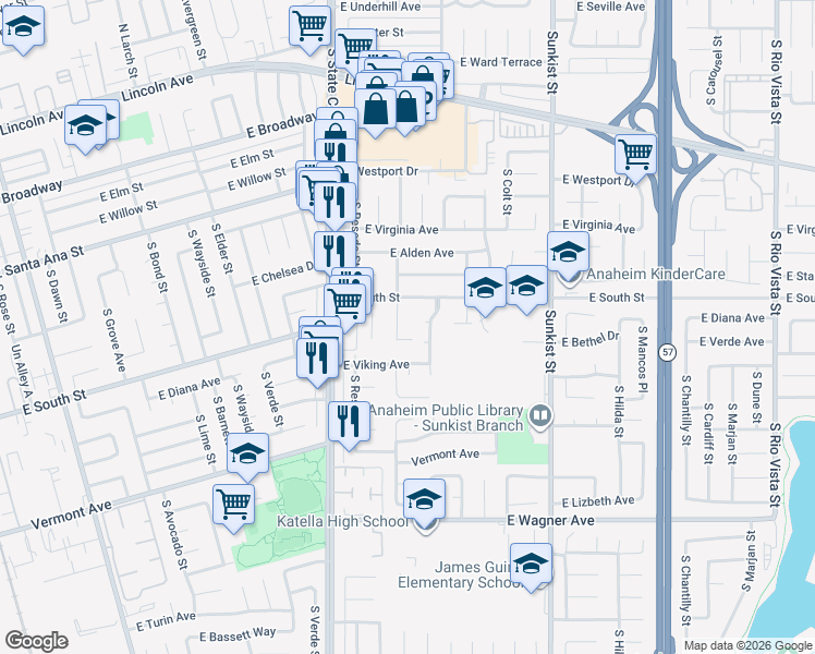 map of restaurants, bars, coffee shops, grocery stores, and more near 819 South Priscilla Street in Anaheim