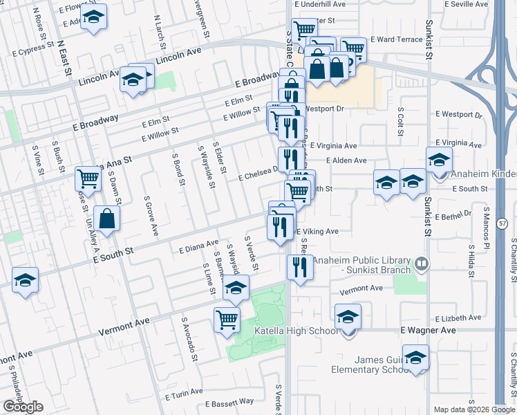 map of restaurants, bars, coffee shops, grocery stores, and more near 1810 East South Street in Anaheim