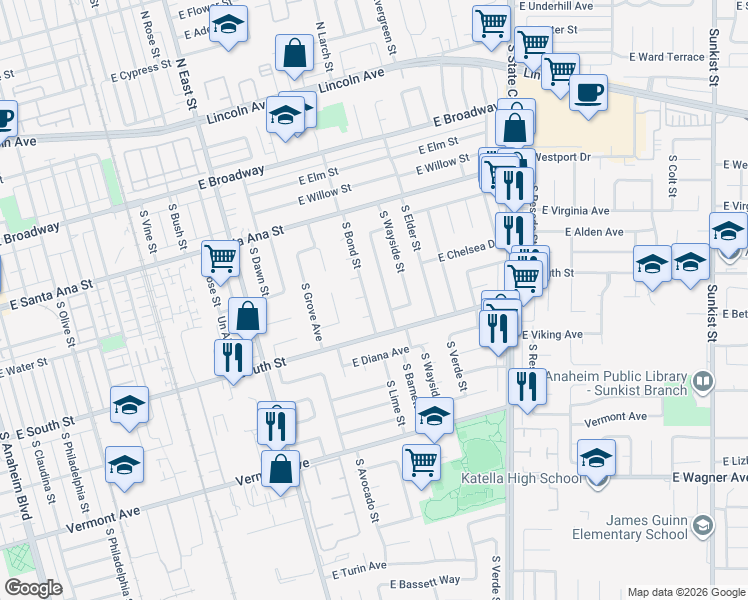 map of restaurants, bars, coffee shops, grocery stores, and more near 1430 East Lambda Place in Anaheim