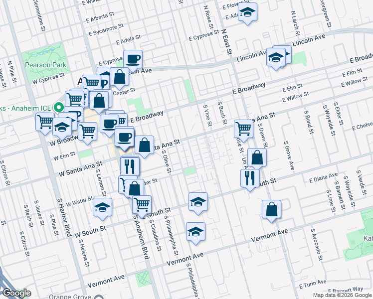 map of restaurants, bars, coffee shops, grocery stores, and more near 574 South Kroeger Street in Anaheim