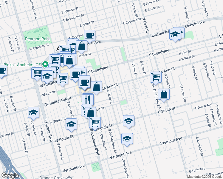 map of restaurants, bars, coffee shops, grocery stores, and more near 537 South Melrose Street in Anaheim