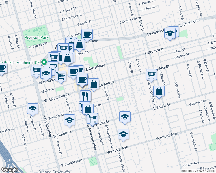 map of restaurants, bars, coffee shops, grocery stores, and more near 537 South Melrose Street in Anaheim