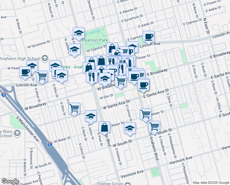 map of restaurants, bars, coffee shops, grocery stores, and more near 415 South Clementine Street in Anaheim