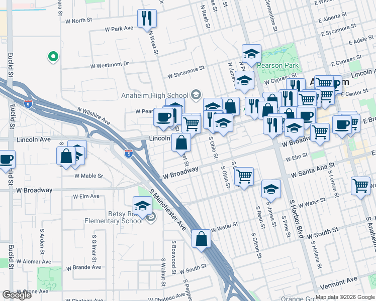 map of restaurants, bars, coffee shops, grocery stores, and more near 203 South West Street in Anaheim