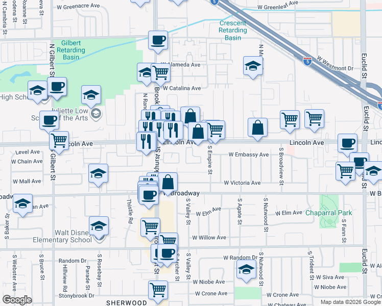 map of restaurants, bars, coffee shops, grocery stores, and more near 227 South Linhaven Circle in Anaheim