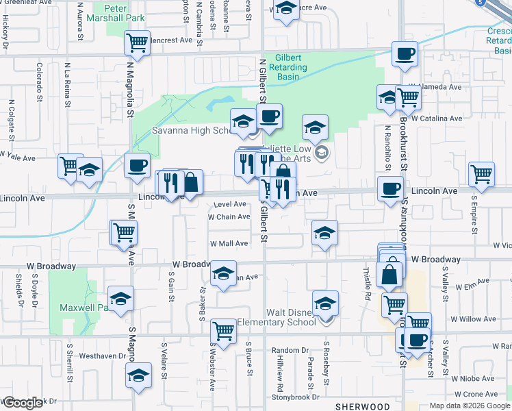map of restaurants, bars, coffee shops, grocery stores, and more near 138 South Gilbert Street in Anaheim