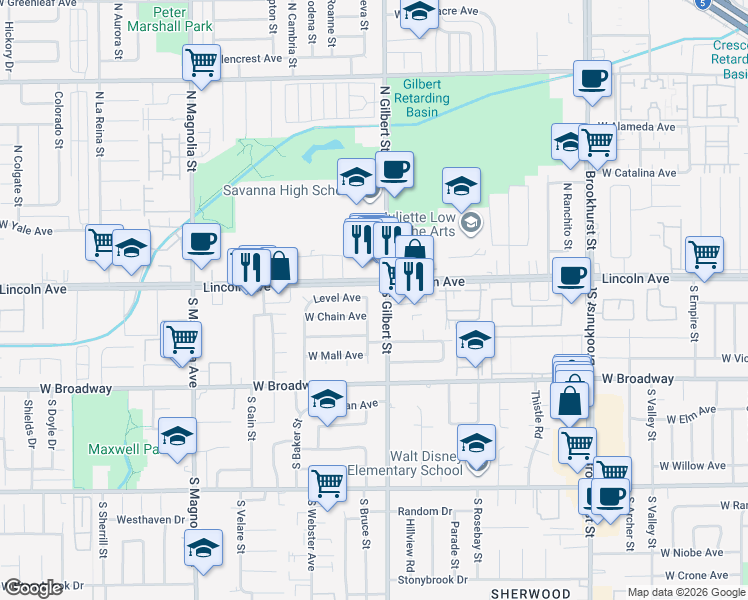 map of restaurants, bars, coffee shops, grocery stores, and more near 138 South Gilbert Street in Anaheim