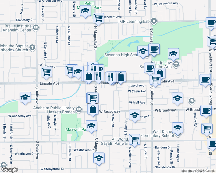 map of restaurants, bars, coffee shops, grocery stores, and more near 129 South Gain Street in Anaheim