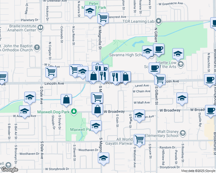 map of restaurants, bars, coffee shops, grocery stores, and more near 134 South Magnolia Avenue in Anaheim