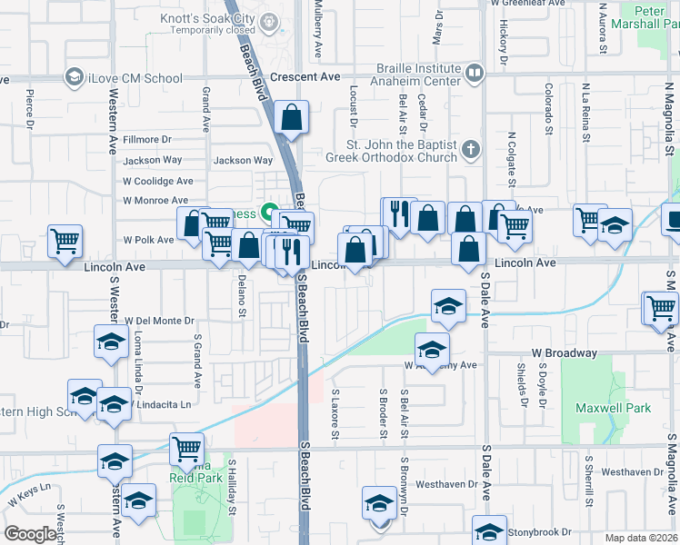map of restaurants, bars, coffee shops, grocery stores, and more near 124 South Laxore Street in Anaheim