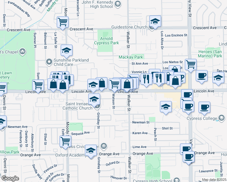 map of restaurants, bars, coffee shops, grocery stores, and more near 5341 Bishop Street in Cypress