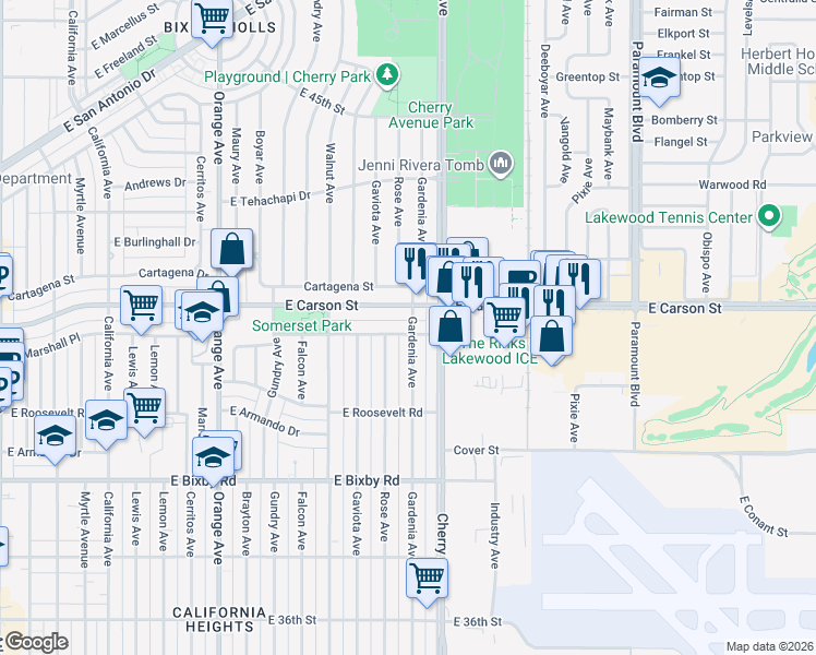 map of restaurants, bars, coffee shops, grocery stores, and more near 3972 Gardenia Avenue in Long Beach