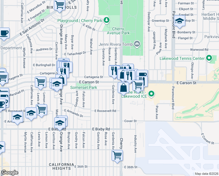 map of restaurants, bars, coffee shops, grocery stores, and more near 3973 Rose Avenue in Long Beach