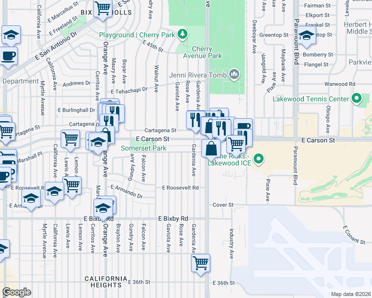 map of restaurants, bars, coffee shops, grocery stores, and more near 3973 Rose Avenue in Long Beach