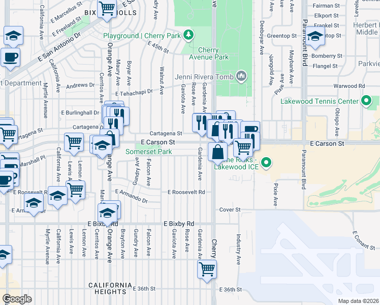 map of restaurants, bars, coffee shops, grocery stores, and more near 3973 Rose Avenue in Long Beach