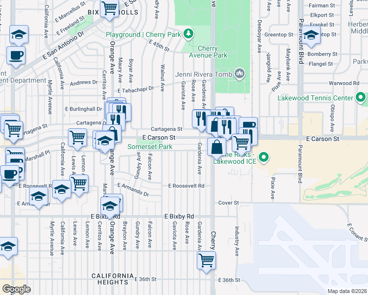 map of restaurants, bars, coffee shops, grocery stores, and more near 3973 Rose Avenue in Long Beach