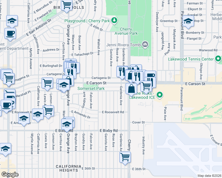 map of restaurants, bars, coffee shops, grocery stores, and more near 3973 Rose Avenue in Long Beach