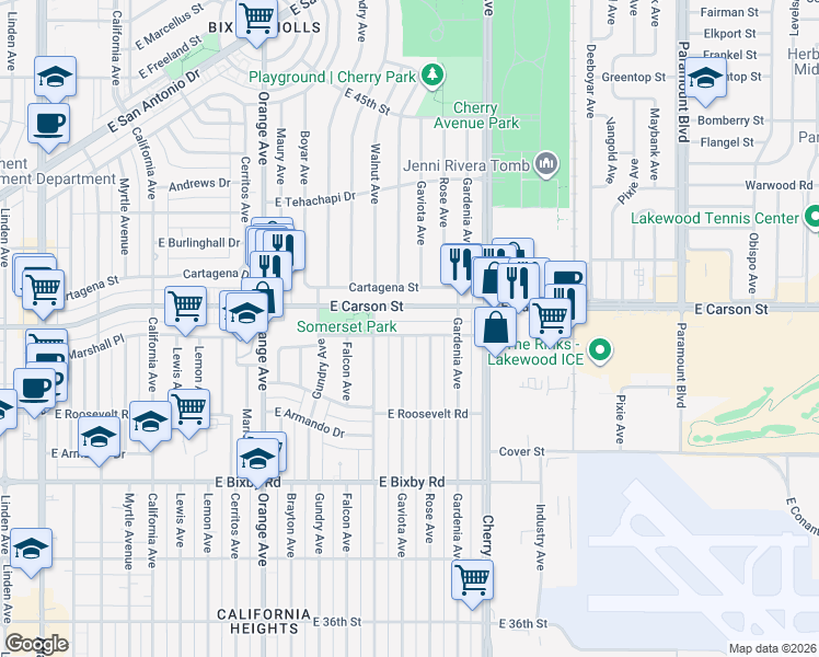 map of restaurants, bars, coffee shops, grocery stores, and more near 3973 Rose Avenue in Long Beach