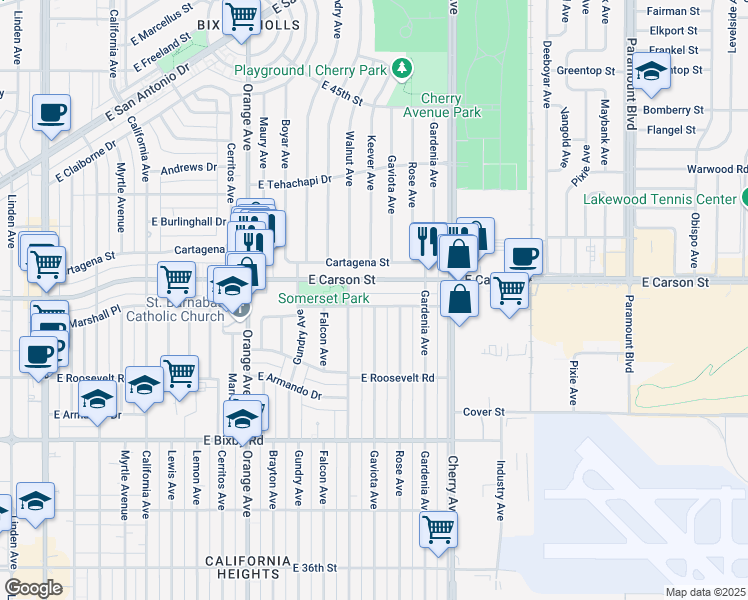 map of restaurants, bars, coffee shops, grocery stores, and more near 3974 Walnut Avenue in Long Beach