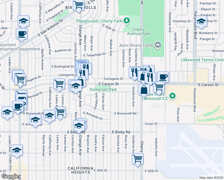 map of restaurants, bars, coffee shops, grocery stores, and more near 3974 Walnut Avenue in Long Beach