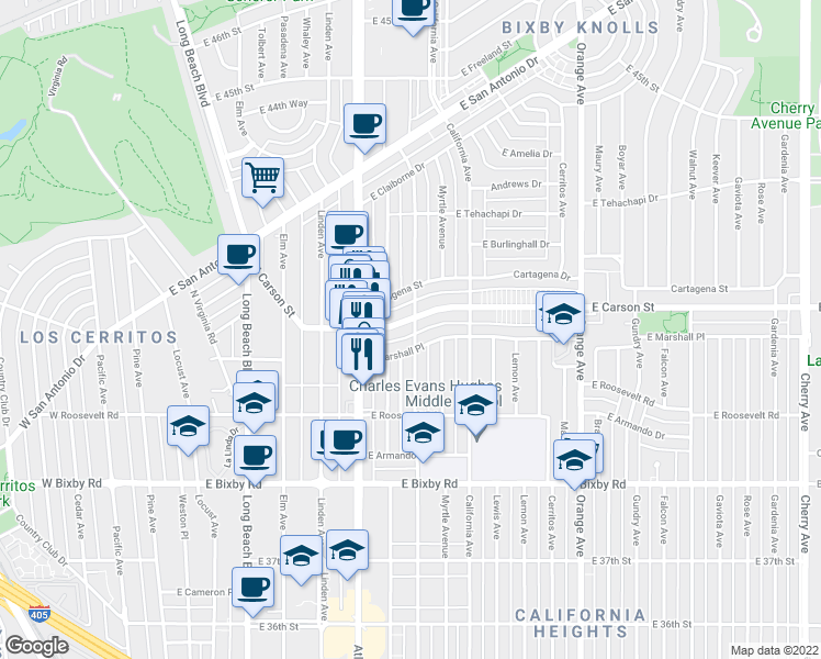 map of restaurants, bars, coffee shops, grocery stores, and more near 715 East Marshall Place in Long Beach