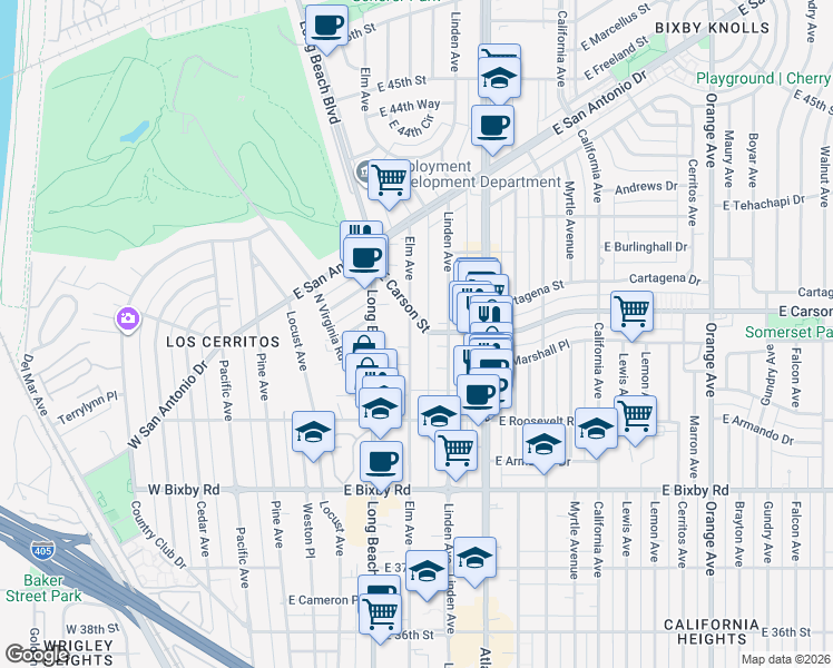 map of restaurants, bars, coffee shops, grocery stores, and more near 4011 Elm Avenue in Long Beach