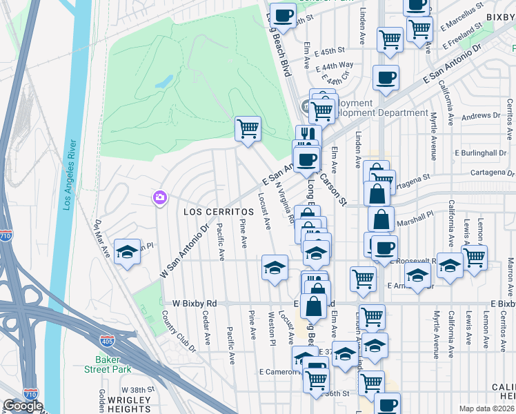 map of restaurants, bars, coffee shops, grocery stores, and more near 4049 Locust Avenue in Long Beach