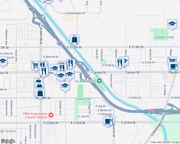 map of restaurants, bars, coffee shops, grocery stores, and more near San Diego Freeway in Carson