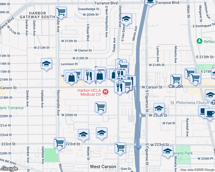 map of restaurants, bars, coffee shops, grocery stores, and more near 1000 West Carson Street in Torrance