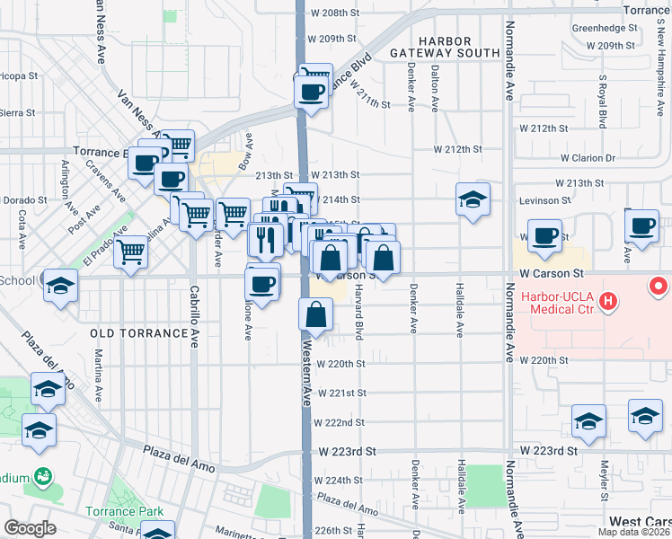 map of restaurants, bars, coffee shops, grocery stores, and more near 1644 West Carson Street in Torrance